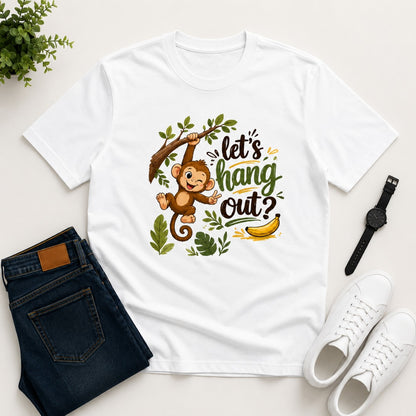 Let's Hang Out graphic printed men's cotton T-shirt in white featuring a cute monkey illustration.