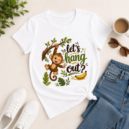 Let's Hang Out Women's Cotton T-Shirt in White with cute monkey graphic print.