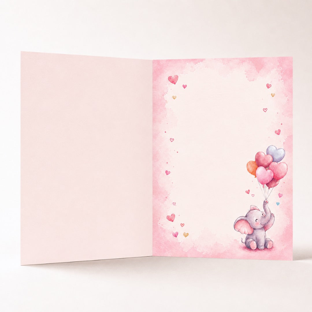 Little Joys watercolor elephant birthday greeting card inside view with pink balloons and hearts