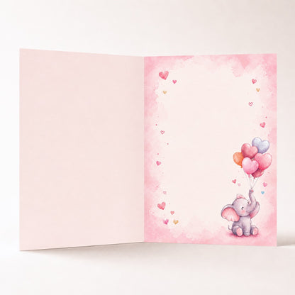 Little Joys watercolor elephant birthday greeting card inside view with pink balloons and hearts