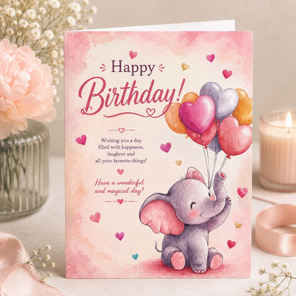 Little Joys watercolor elephant birthday greeting card with cute elephant and colorful balloons