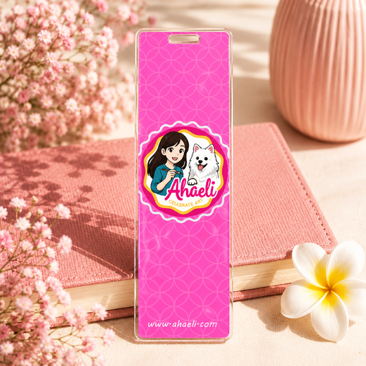 Ahaeli Mascot Acrylic Bookmark featuring the Ahaeli girl mascot and her lovable dog, a colorful bookmark for book lovers and gift giving.