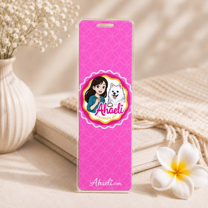 Ahaeli mascot pink acrylic bookmark with girl and dog design