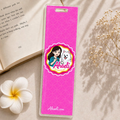 Ahaeli mascot acrylic bookmark with pink geometric pattern and girl and dog design