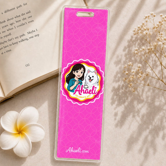 Ahaeli mascot acrylic bookmark with pink geometric pattern and girl and dog design