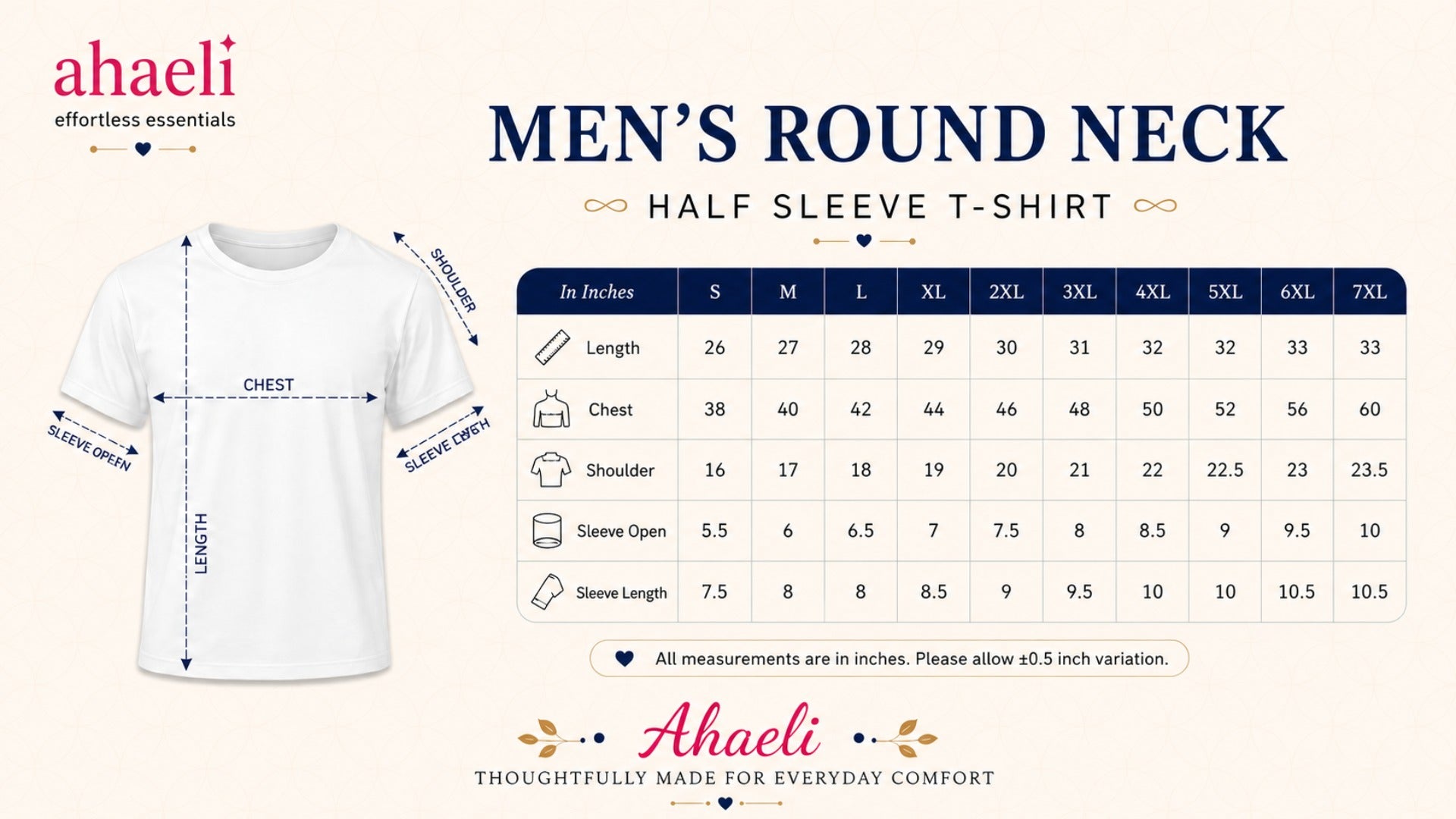 Ahaeli men's round neck half sleeve T-shirt size chart showing chest, length, shoulder, sleeve length and sleeve opening measurements in inches.