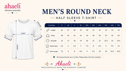 Ahaeli men's round neck half sleeve T-shirt size chart showing chest, length, shoulder, sleeve length and sleeve opening measurements in inches.