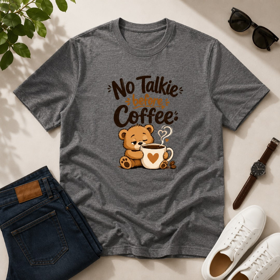 No Talkie Before Coffee Men's Cotton T-Shirt in Charcoal Melange featuring a sleepy bear coffee graphic