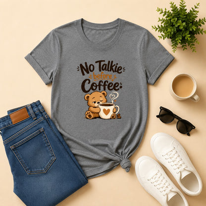 No Talkie Before Coffee Women's Cotton T-Shirt in Charcoal Melange featuring a sleepy bear coffee graphic