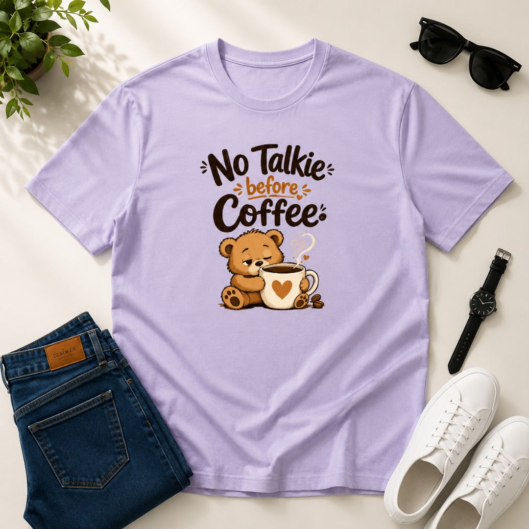 No Talkie Before Coffee Men's Cotton T-Shirt in Lavender featuring a sleepy bear coffee graphic