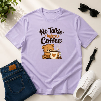 No Talkie Before Coffee Men's Cotton T-Shirt in Lavender featuring a sleepy bear coffee graphic