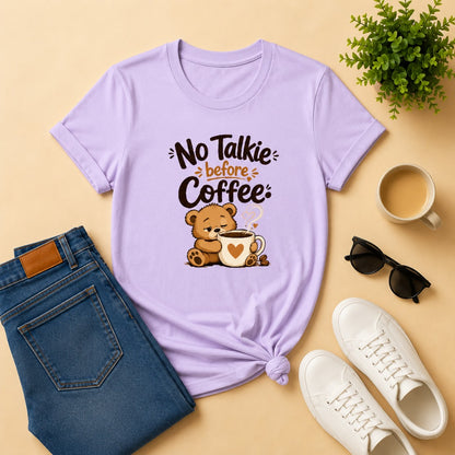 No Talkie Before Coffee Women's Cotton T-Shirt in Lavender featuring a sleepy bear coffee graphic