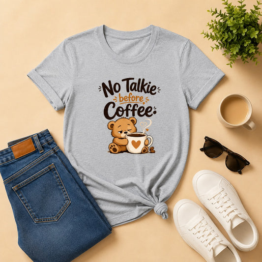 No Talkie Before Coffee Women's Cotton T-Shirt in Grey Melange featuring a sleepy bear coffee graphic