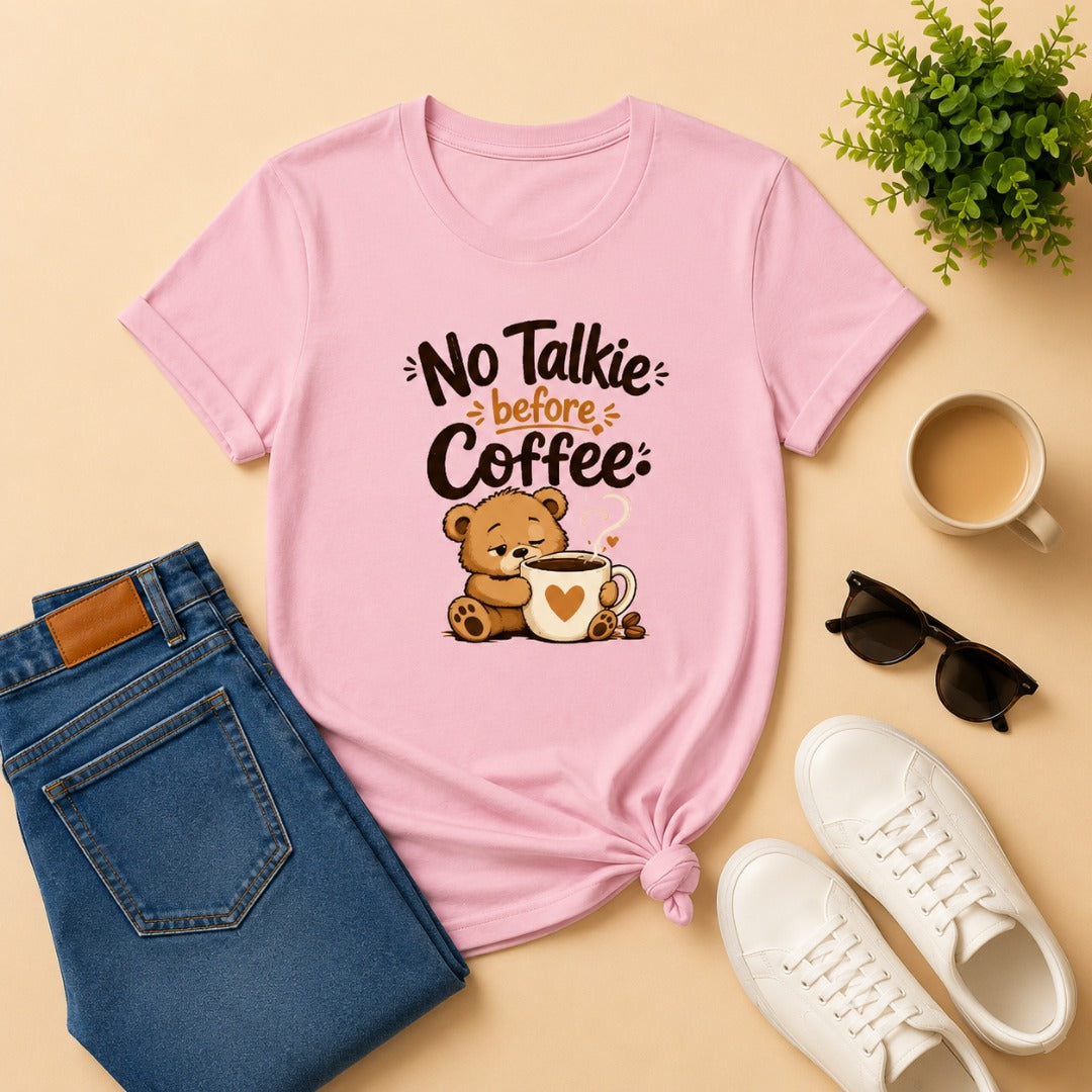 No Talkie Before Coffee Women's Cotton T-Shirt in Light Pink featuring a sleepy bear coffee graphic