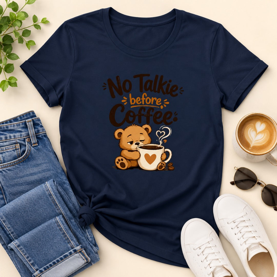 No Talkie Before Coffee Women's Cotton T-Shirt in Navy blue featuring a sleepy bear coffee graphic