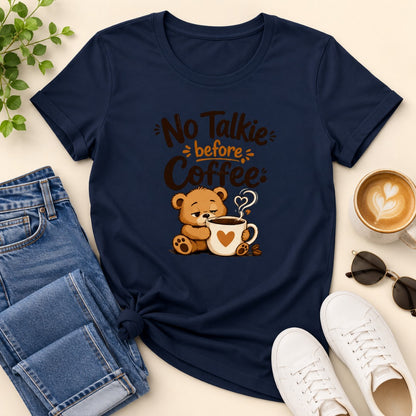 No Talkie Before Coffee Women's Cotton T-Shirt in Navy blue featuring a sleepy bear coffee graphic