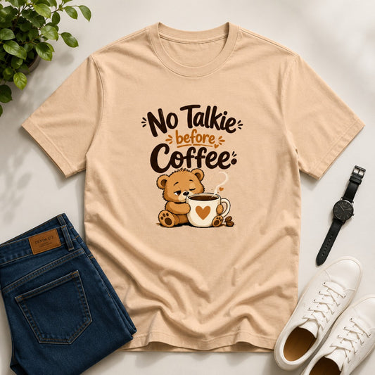 No Talkie Before Coffee Men's Cotton T-Shirt in peach featuring a sleepy bear coffee graphic