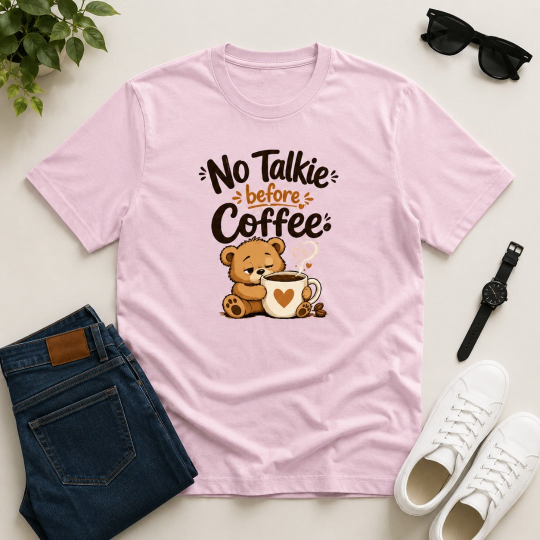 No Talkie Before Coffee Men's Cotton T-Shirt in light pink featuring a sleepy bear coffee graphic