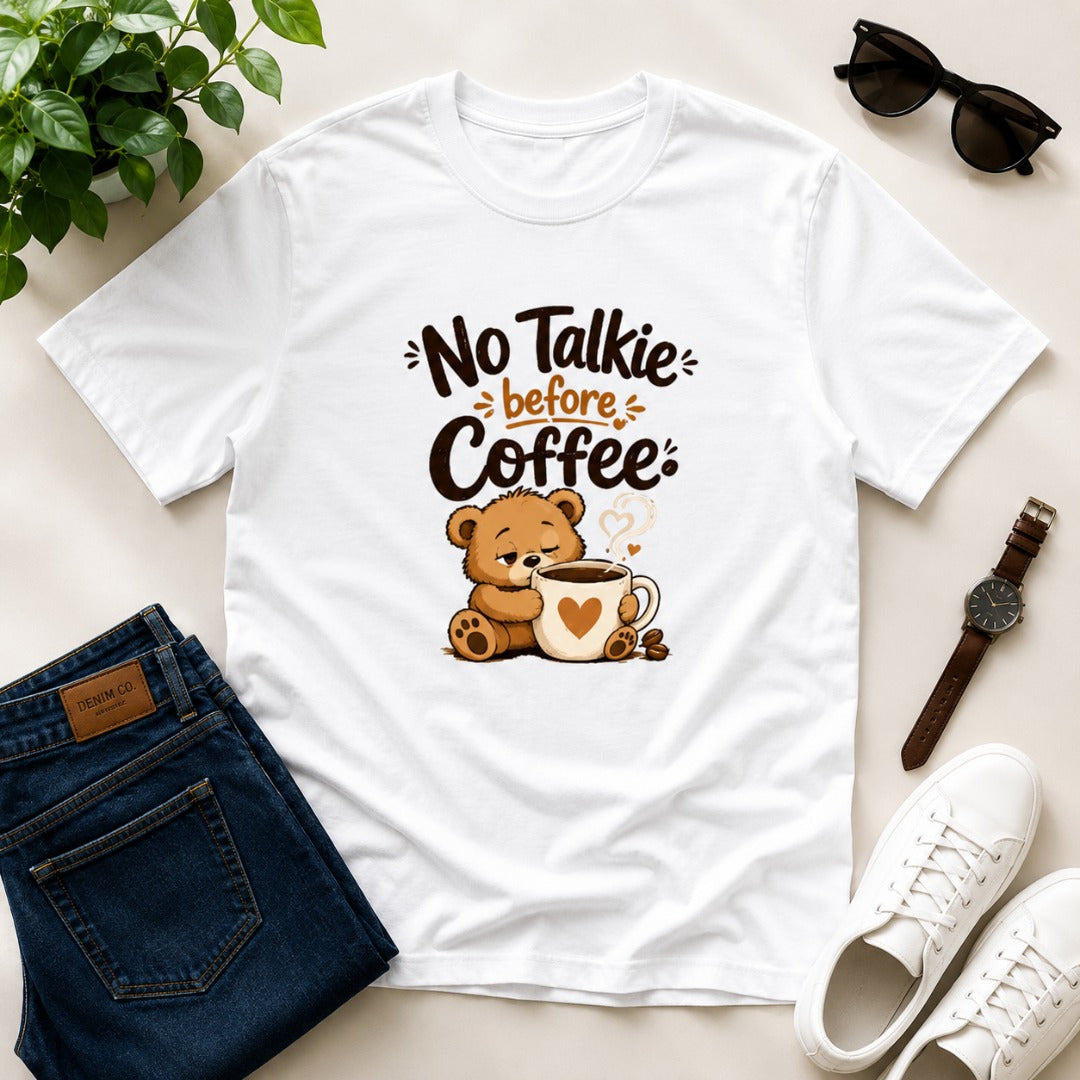 No Talkie Before Coffee Men's Cotton T-Shirt in White featuring a sleepy bear coffee graphic