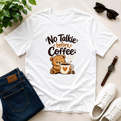 No Talkie Before Coffee Men's Cotton T-Shirt in White featuring a sleepy bear coffee graphic