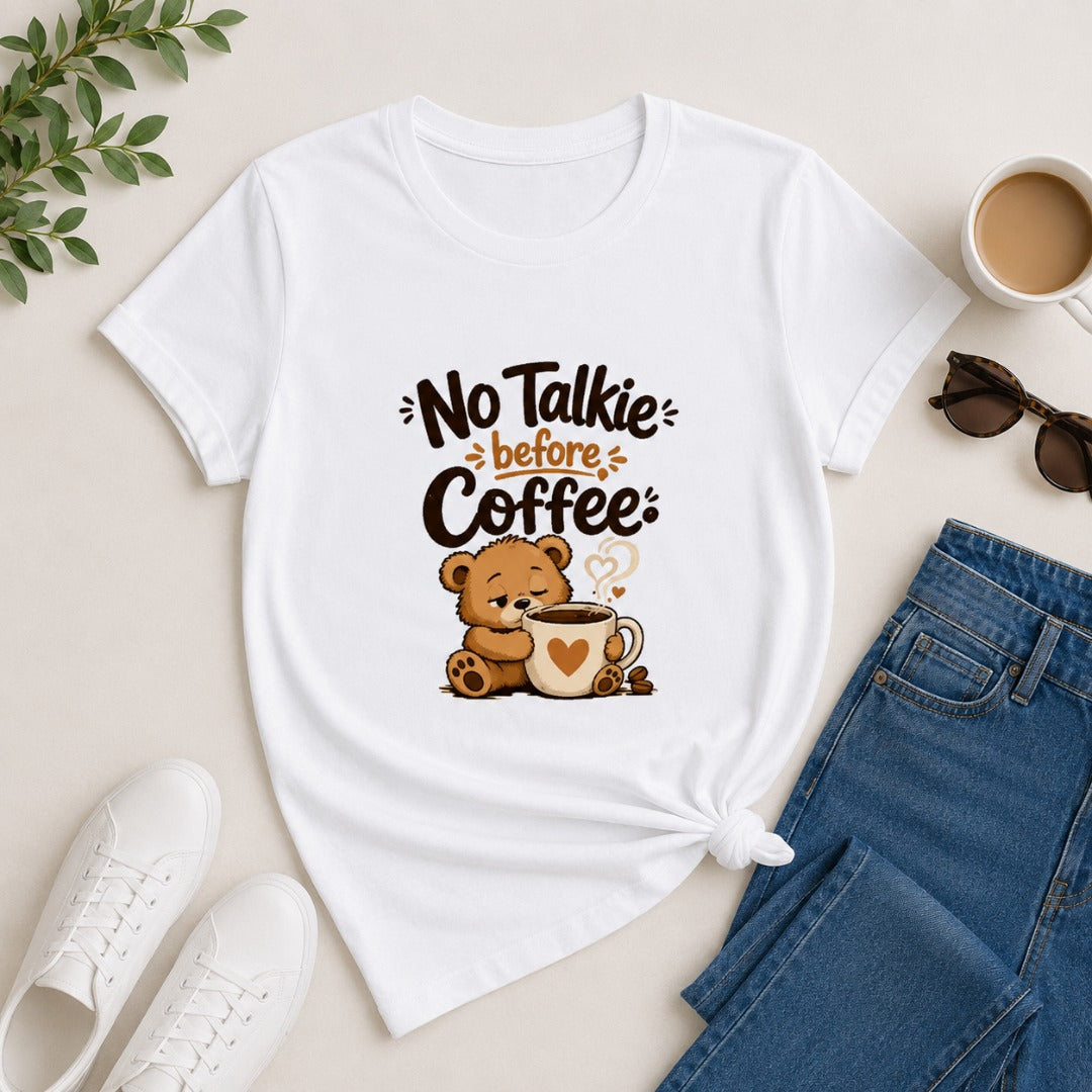 No Talkie Before Coffee Women's Cotton T-Shirt in White featuring a sleepy bear coffee graphic