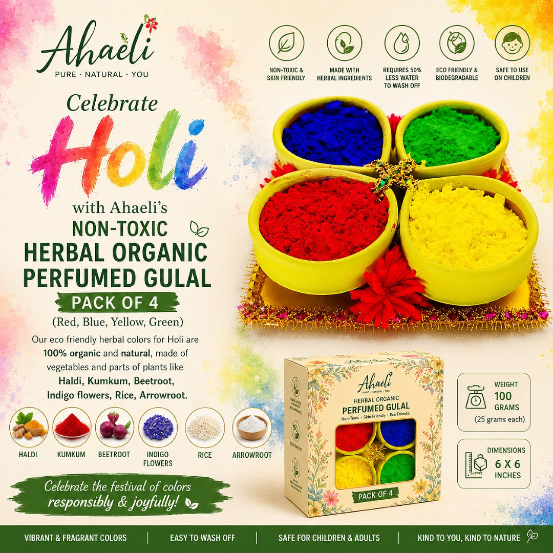 Ahaeli Non-Toxic Herbal Organic Perfumed Gulal Pack of 4 featuring red, blue, yellow and green eco-friendly Holi colors.