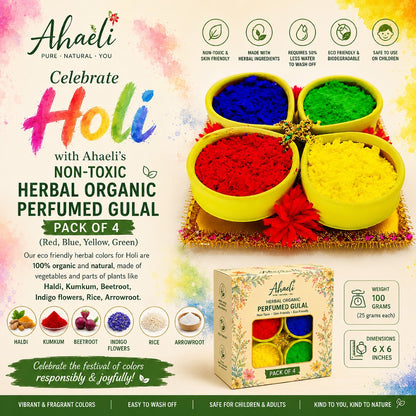 Ahaeli Non-Toxic Herbal Organic Perfumed Gulal Pack of 4 featuring red, blue, yellow and green eco-friendly Holi colors.