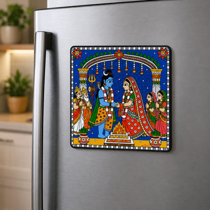 Ahaeli Shiv Parvati Vivah acrylic fridge magnet featuring Mithila folk art displayed on a refrigerator
