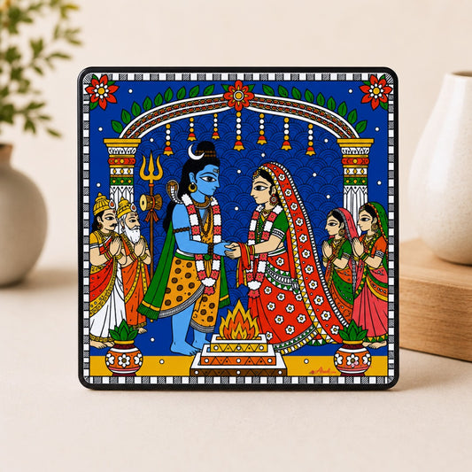Ahaeli Shiv Parvati Vivah acrylic fridge magnet featuring Mithila folk art of Lord Shiva and Goddess Parvati