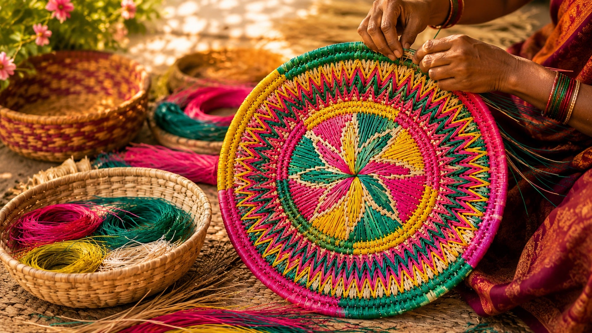 Artisan weaving a colorful handmade Sikki basket using traditional Sikki grass craft techniques.