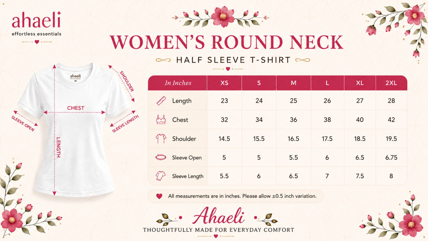 Ahaeli women's round neck half sleeve T-shirt size chart showing chest, length, shoulder, sleeve length and sleeve opening measurements in inches.