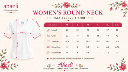 Ahaeli women's round neck half sleeve T-shirt size chart showing chest, length, shoulder, sleeve length and sleeve opening measurements in inches.