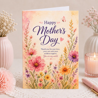 You Are My World watercolor Mother's Day greeting card with colorful flowers for mom