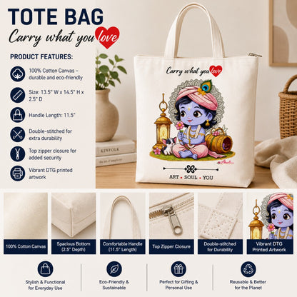 Product features of Baby Krishna cotton canvas tote bag showing zipper closure, cotton canvas material, double stitching and printed artwork