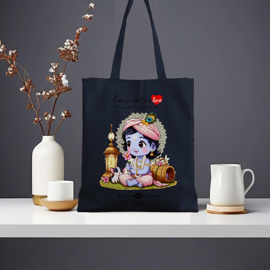 Devotional Baby Krishna artwork on a canvas tote bag, showcasing the beloved Hindu deity in a charming artistic style.