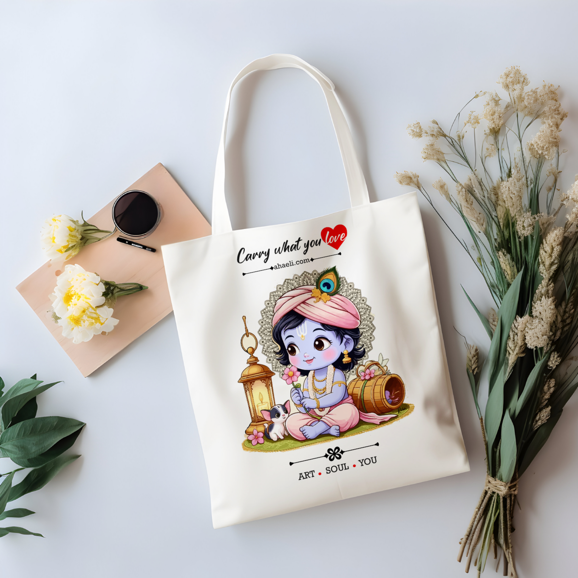 Baby Krishna tote bag featuring a beautiful illustration of Bal Krishna, printed on a reusable canvas bag for everyday use.