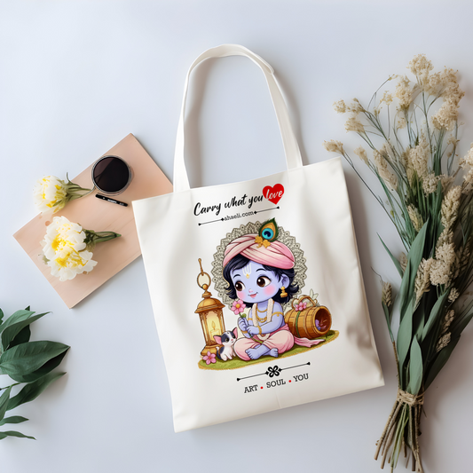 Baby Krishna tote bag featuring a beautiful illustration of Bal Krishna, printed on a reusable canvas bag for everyday use.