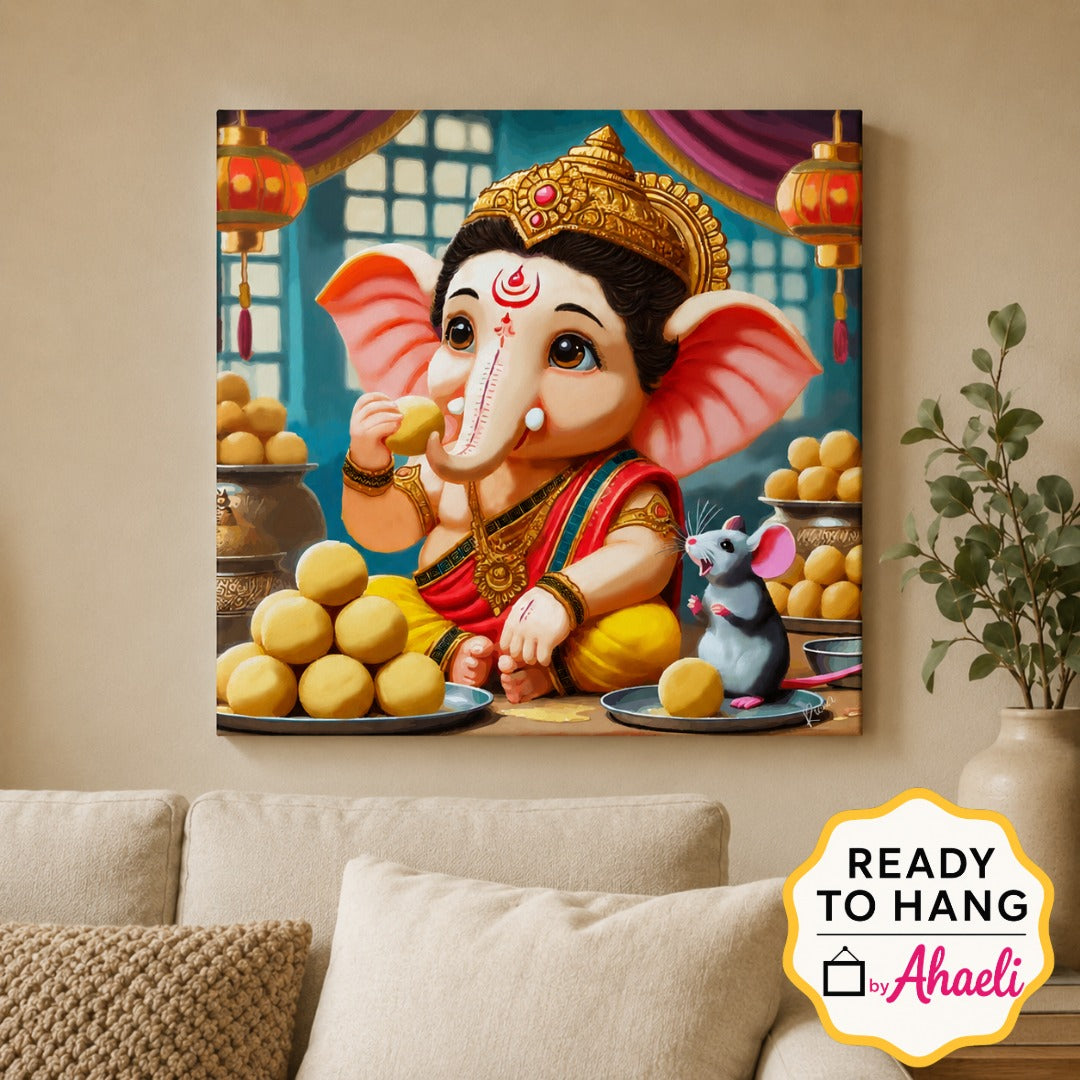 Bal Ganesha painting featuring Lord Ganesha in a childlike form with laddus and a mouse companion, contemporary devotional art canvas by Ahaeli.