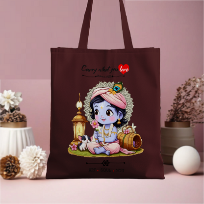Artistic Baby Krishna design on an eco-friendly canvas tote bag inspired by Indian culture and spirituality.