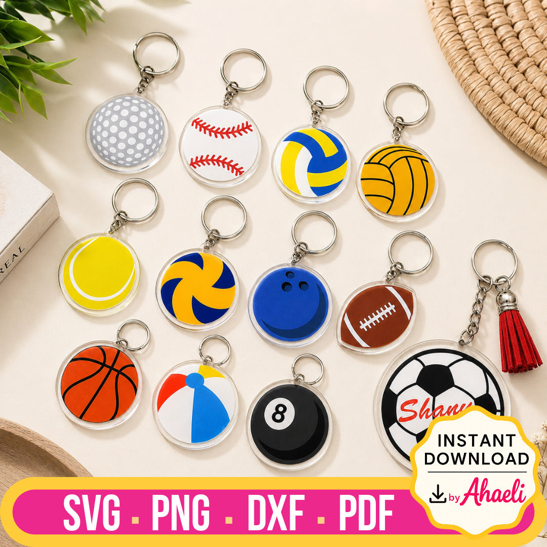 Twelve round acrylic sports ball keychain designs featuring golf, baseball, volleyball, tennis, basketball, bowling, football, soccer, beach ball, billiard 8-ball, and personalized soccer ball SVG, PNG, DXF, and PDF files for Cricut, laser cutting, and DIY keychain crafts.