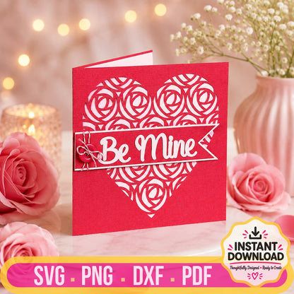 Be Mine Valentine's Day love card with layered rose heart design digital SVG