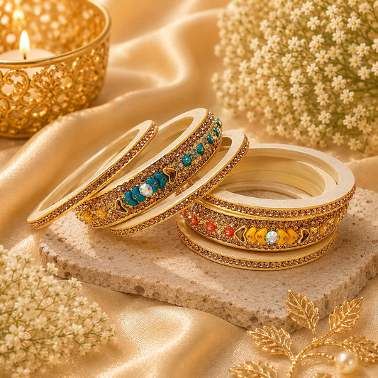 Ahaeli beige lac bangles studded with multicolor stones in an elegant traditional design