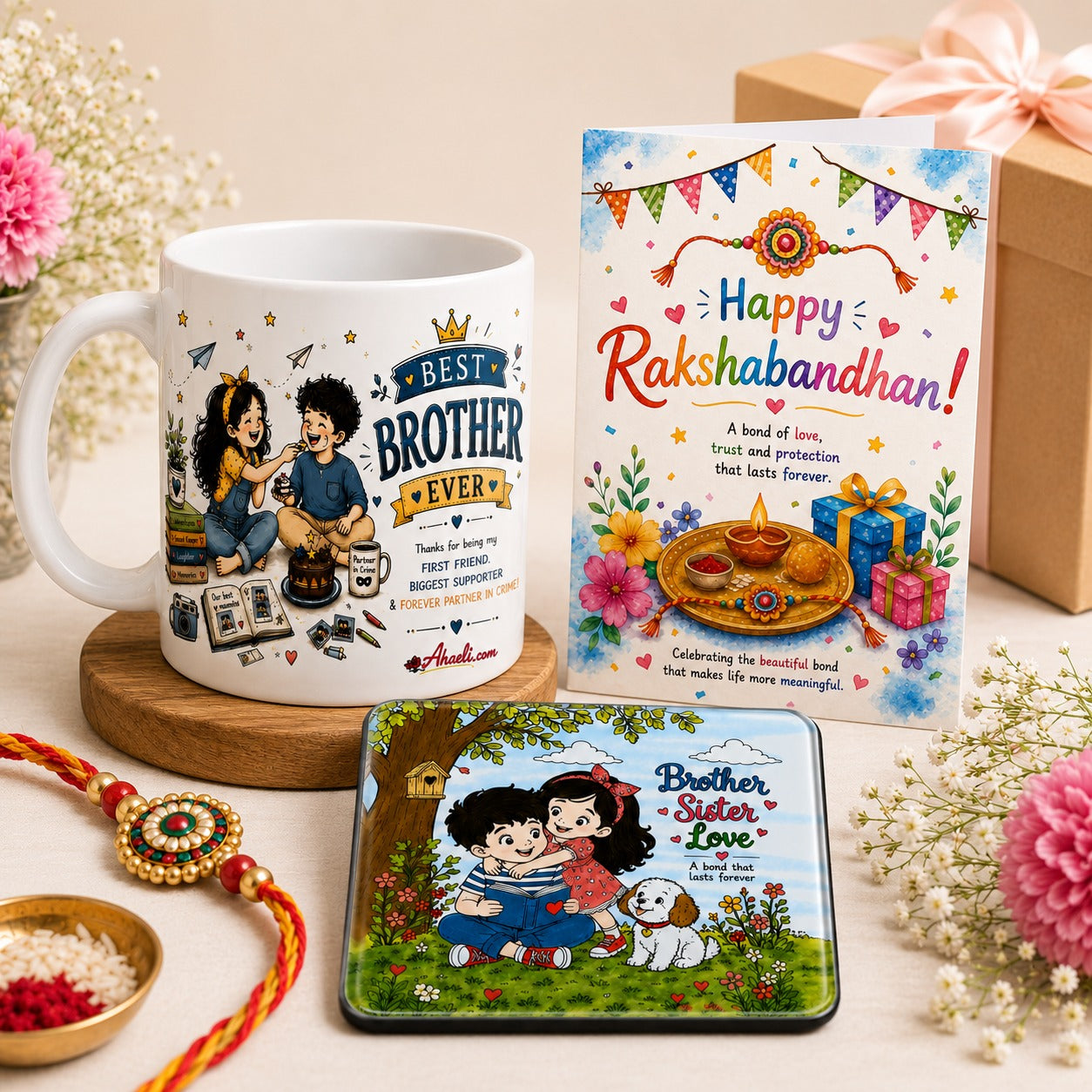 Best Brother Classic Raksha Bandhan gift hamper with premium Best Brother ceramic mug, Raksha Bandhan greeting card, and Brother Sister Love fridge magnet