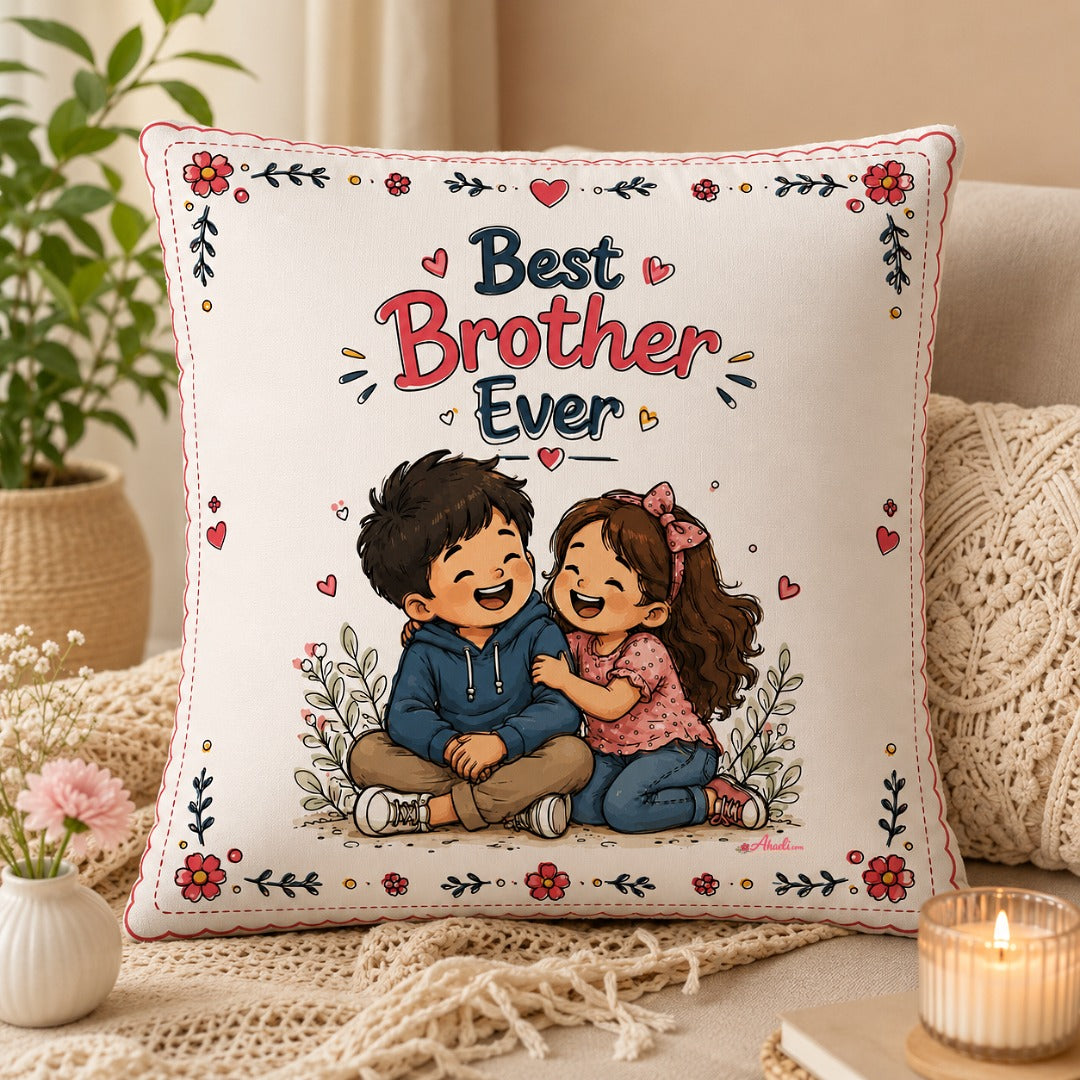 Best Brother Ever Cushion Cover featuring a cute brother and sister illustration – Rakhi gift for brother by Ahaeli