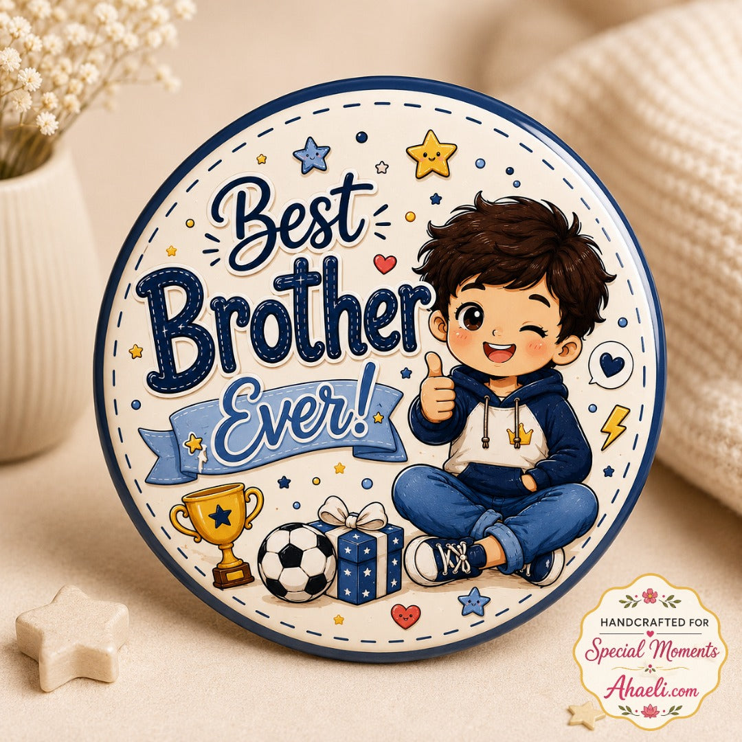 Best Brother Ever premium 58mm glossy metal pin badge featuring a cute cartoon boy with trophy and football illustration