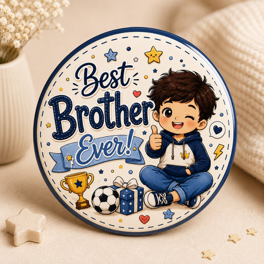 Best Brother Ever premium 58mm glossy metal pin badge featuring a cute cartoon boy with trophy and football illustration.
