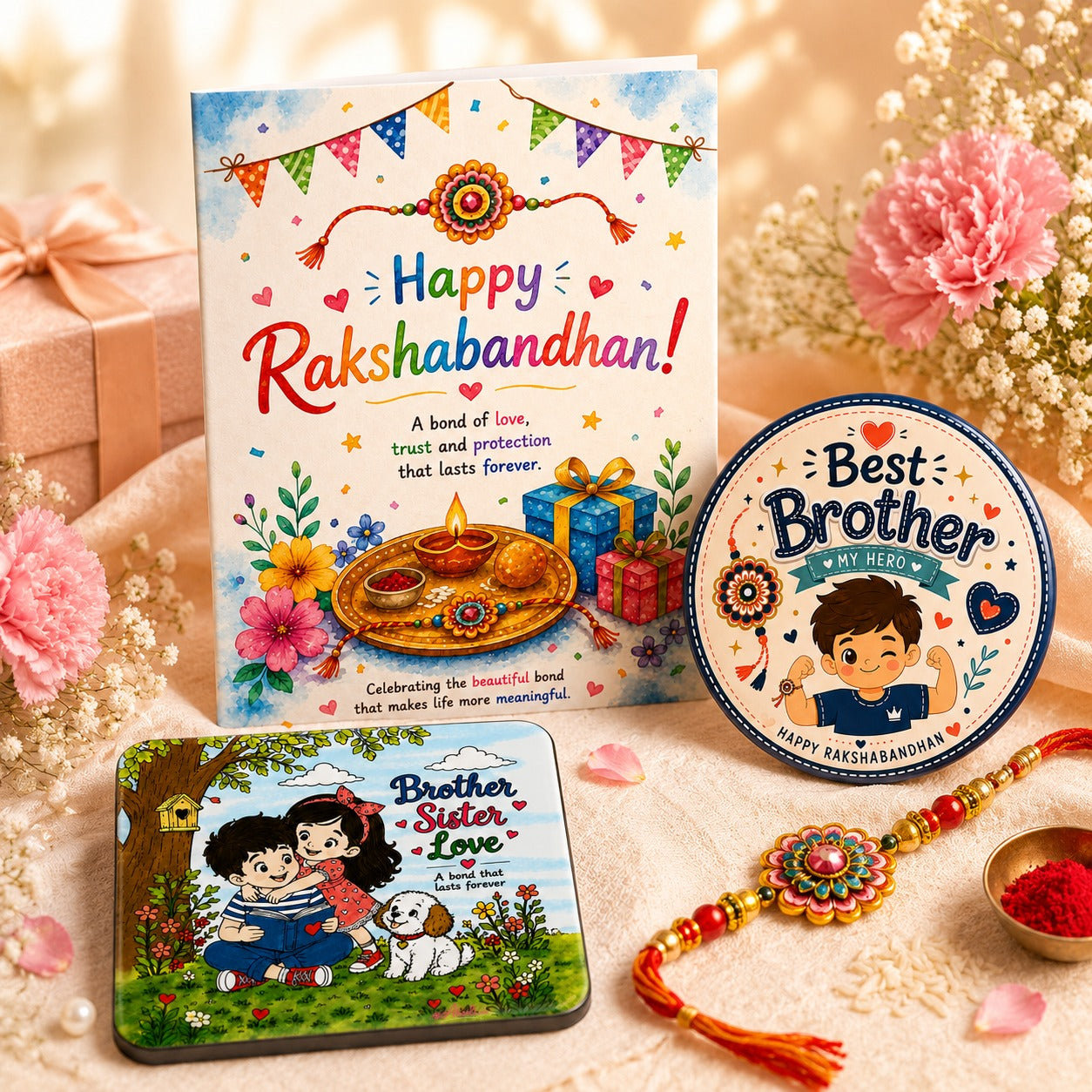 Best Brother Mini Rakhi Gift Hamper featuring a Raksha Bandhan greeting card, Best Brother badge and Brother Sister Love acrylic fridge magnet by Ahaeli.
