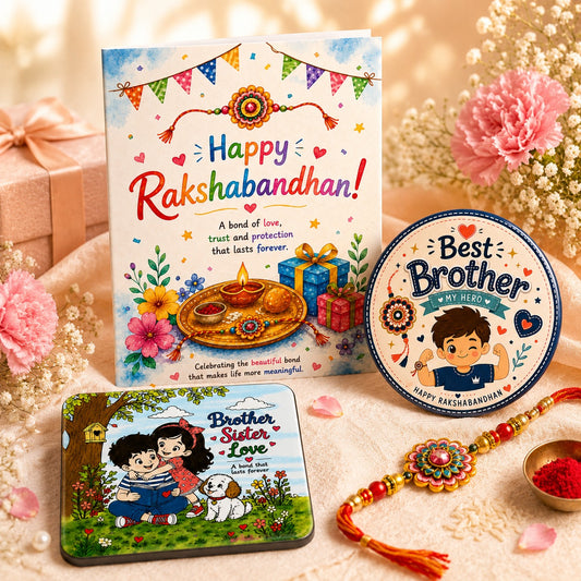 Best Brother Mini Rakhi Gift Hamper featuring a Raksha Bandhan greeting card, Best Brother badge and Brother Sister Love acrylic fridge magnet by Ahaeli.