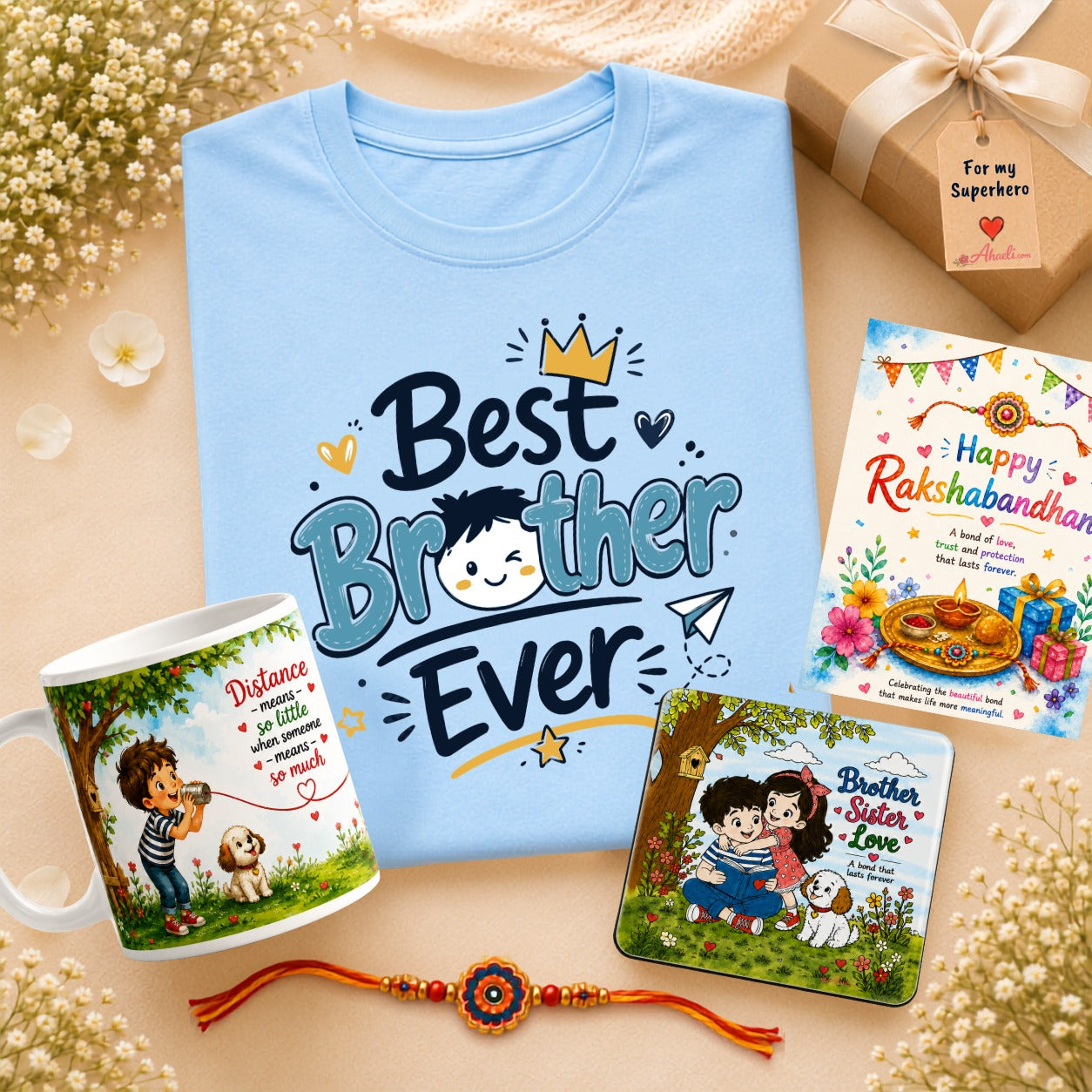 Best Brother Premium Rakhi Gift Hamper with cotton T-shirt, ceramic mug, Raksha Bandhan greeting card and Brother Sister Love acrylic fridge magnet by Ahaeli
