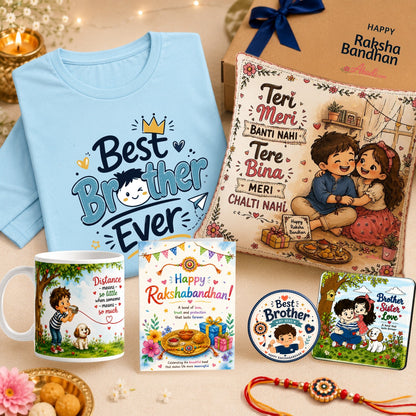 Best Brother Signature Rakhi Gift Hamper with cotton T-shirt, cushion cover, ceramic mug, greeting card, premium badge and Brother Sister Love acrylic fridge magnet by Ahaeli